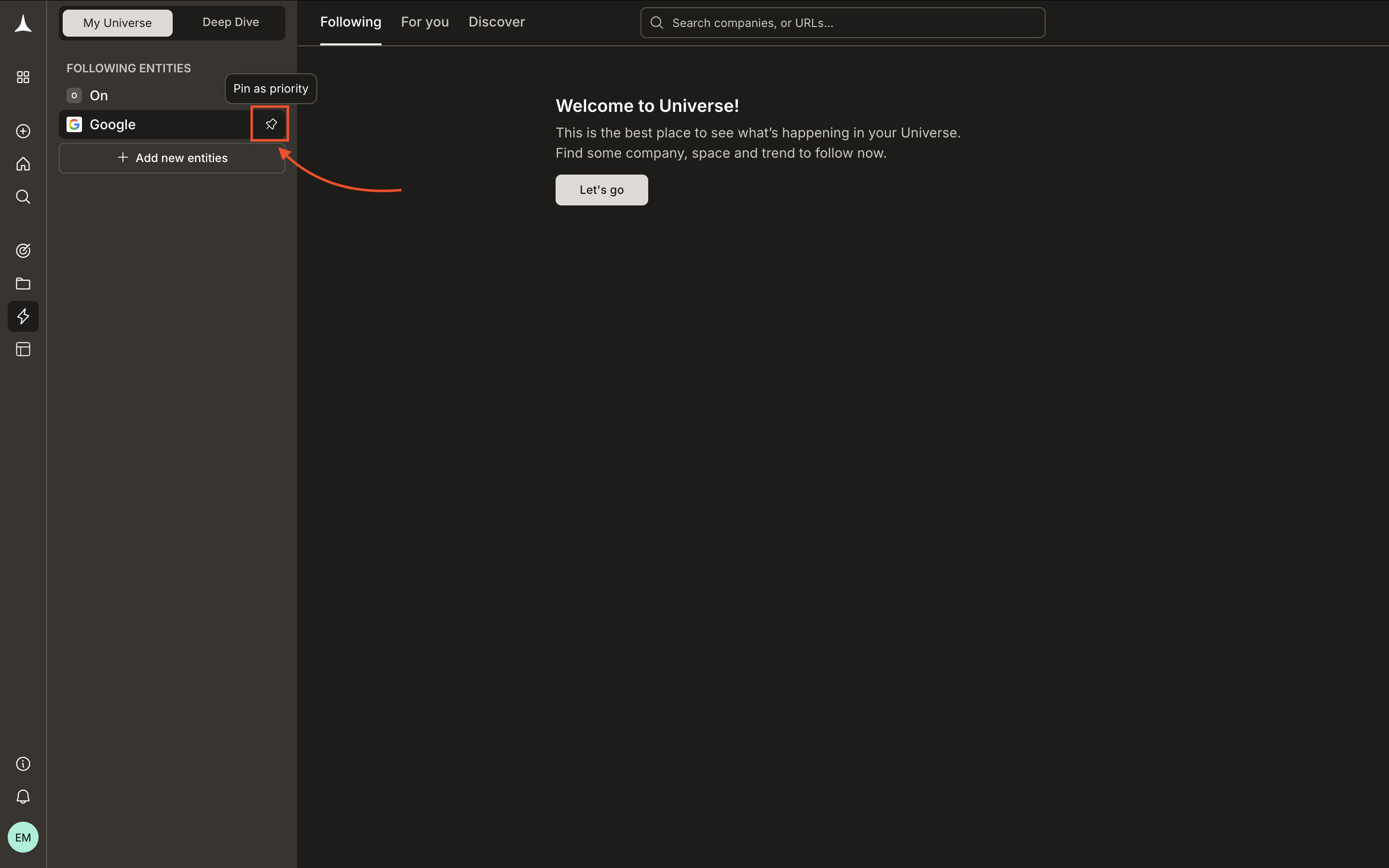 Pinning a company to prioritize it in feeds