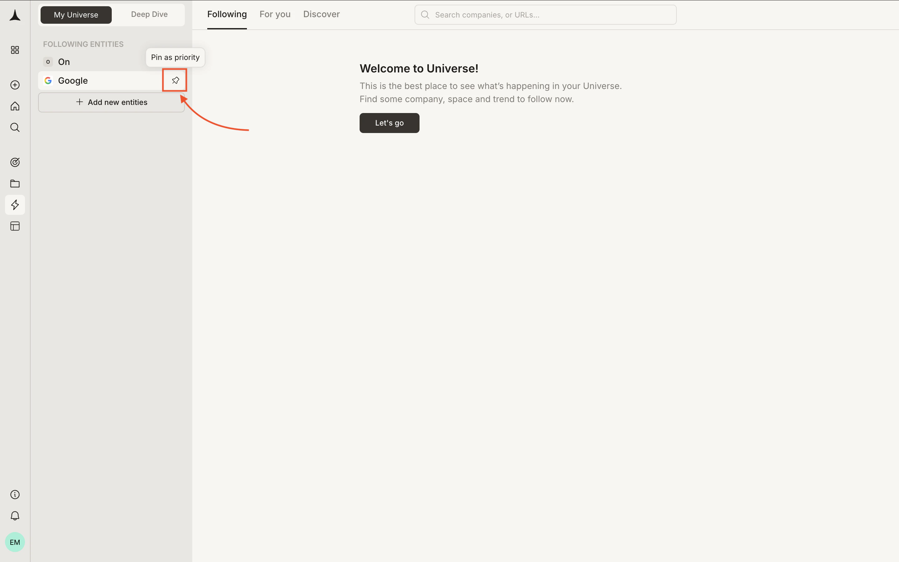 Pinning a company to prioritize it in feeds