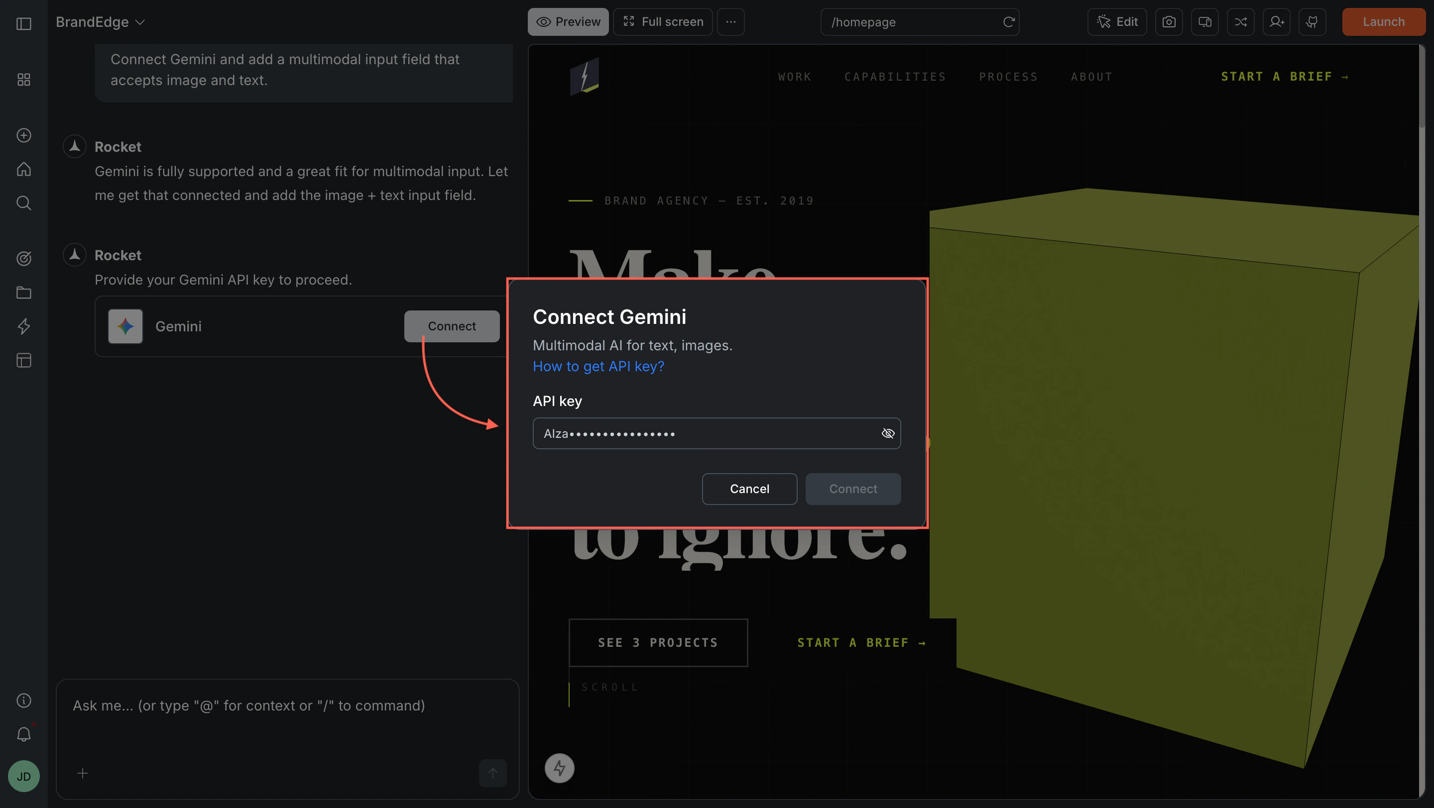 Connect Gemini popup with an API key input field.