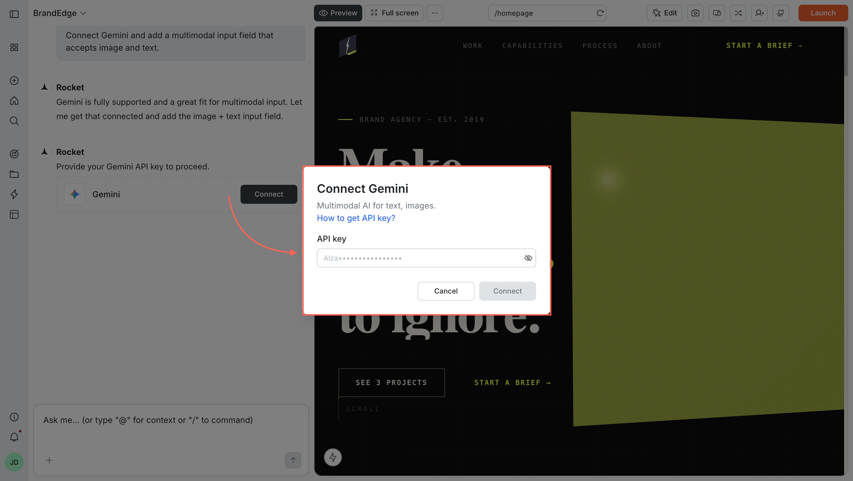 Connect Gemini popup with an API key input field.