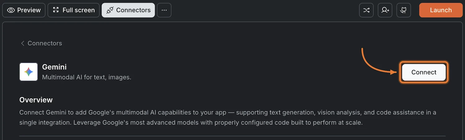 Connectors panel showing the Gemini card with a Connect button.