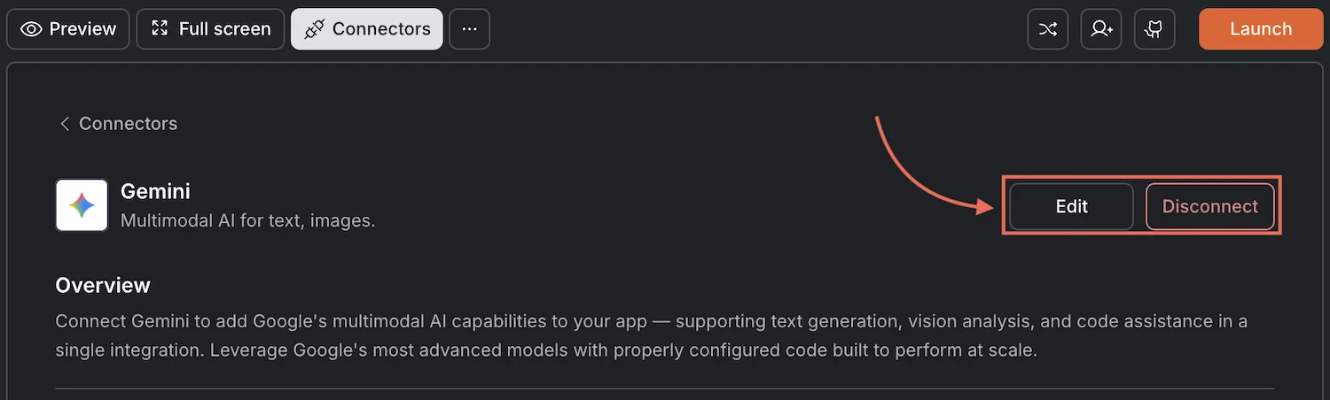 Gemini card showing Edit and Disconnect buttons.
