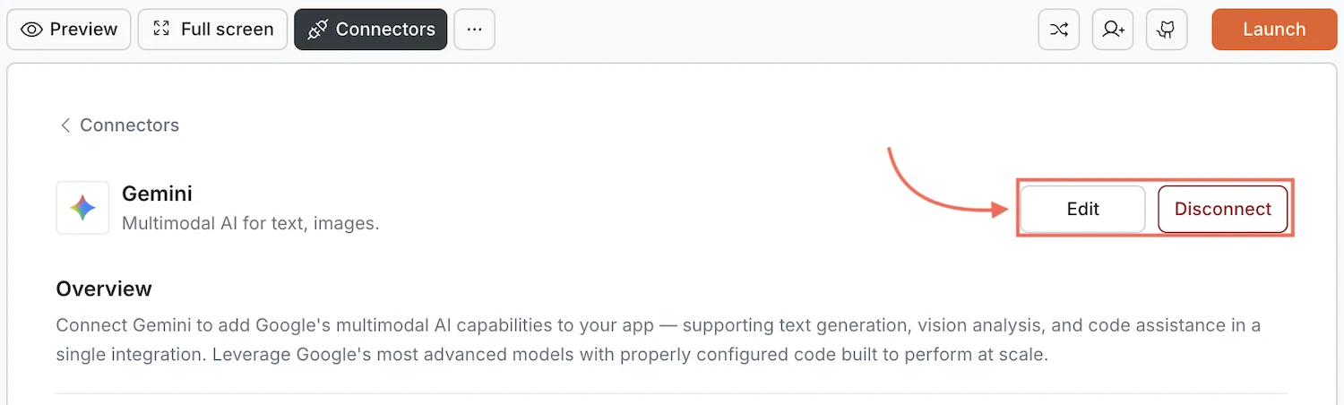 Gemini card showing Edit and Disconnect buttons.