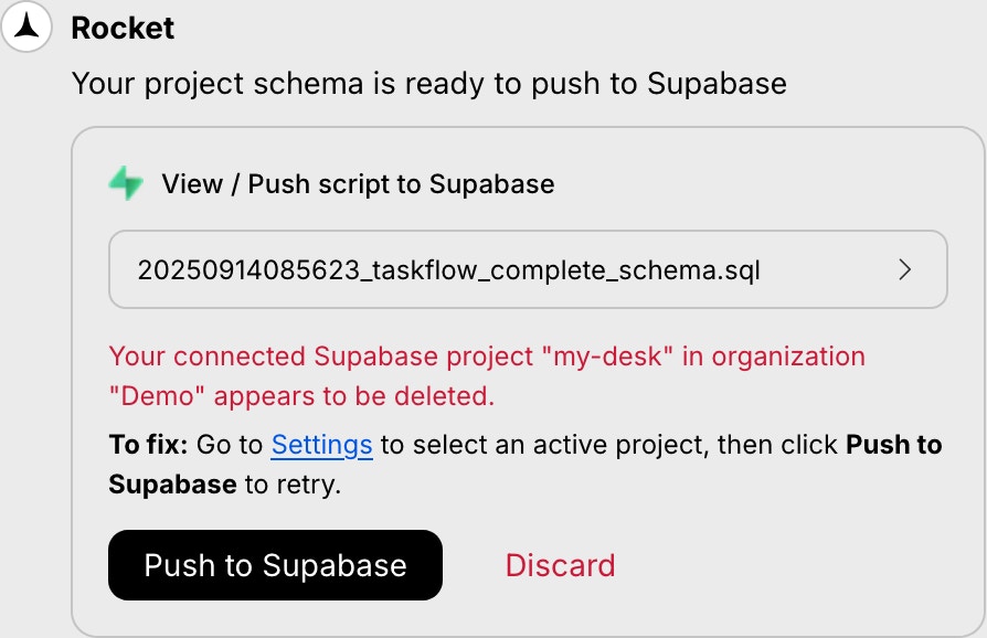 Error message indicating the Supabase project is deleted or disconnected.