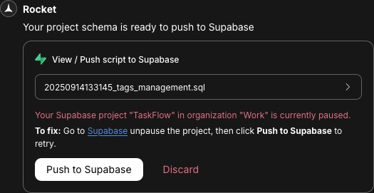 Error message indicating the connected Supabase project is paused.