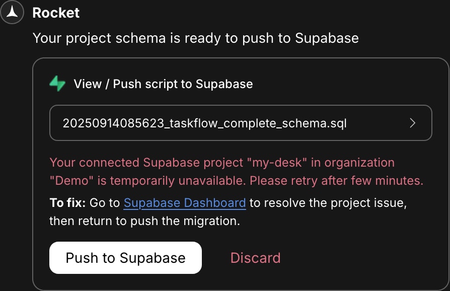 Message showing Supabase is temporarily unavailable.