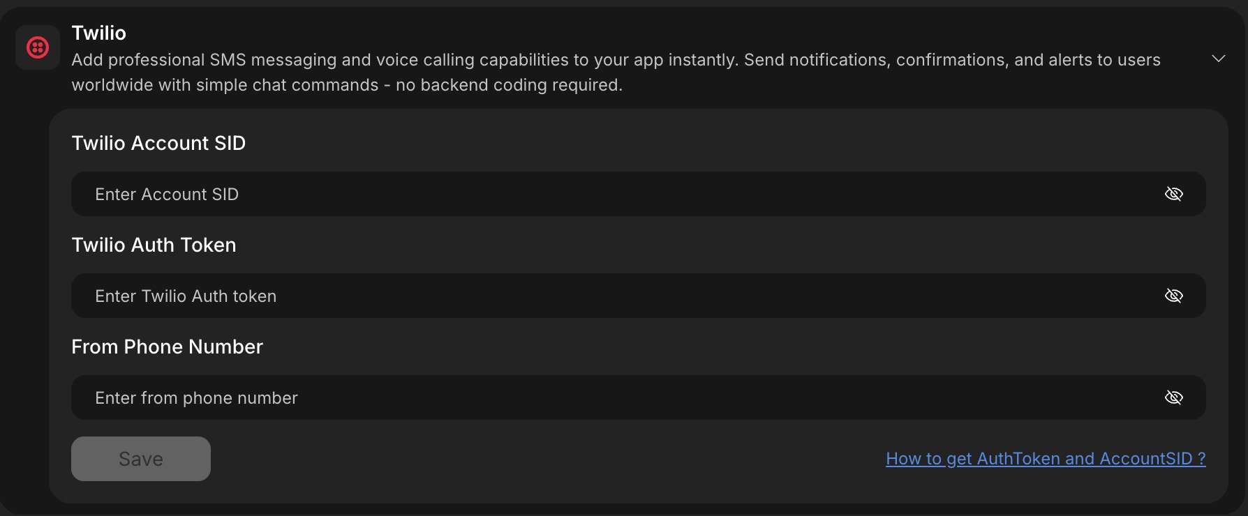 Click Twilio integration in Project settings