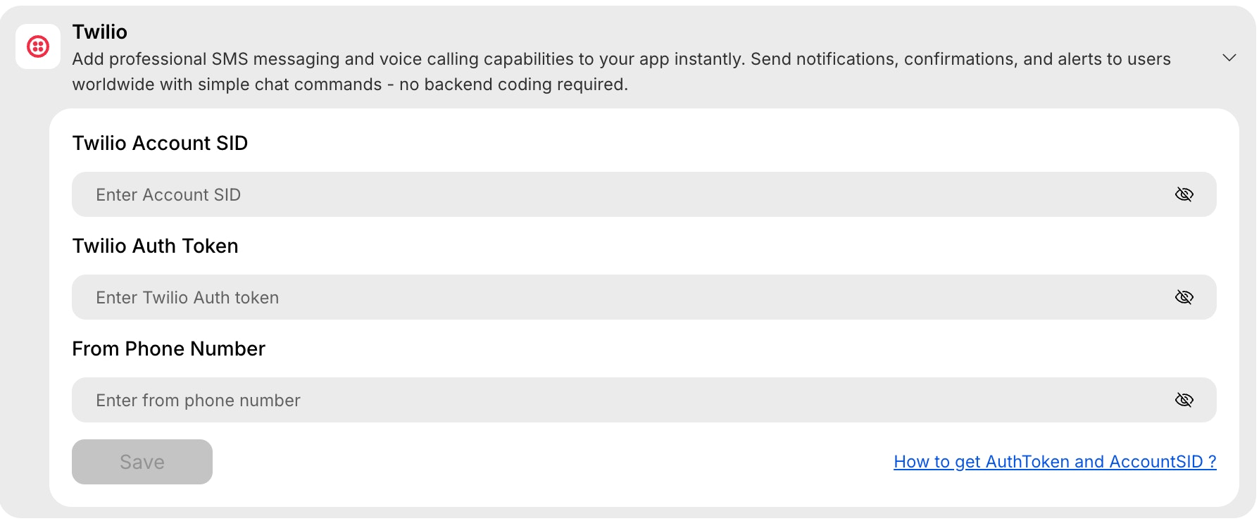 Click Twilio integration in Project settings