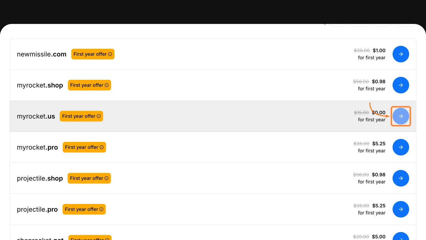 Domain search results listing available domains with first-year pricing and a select arrow button.