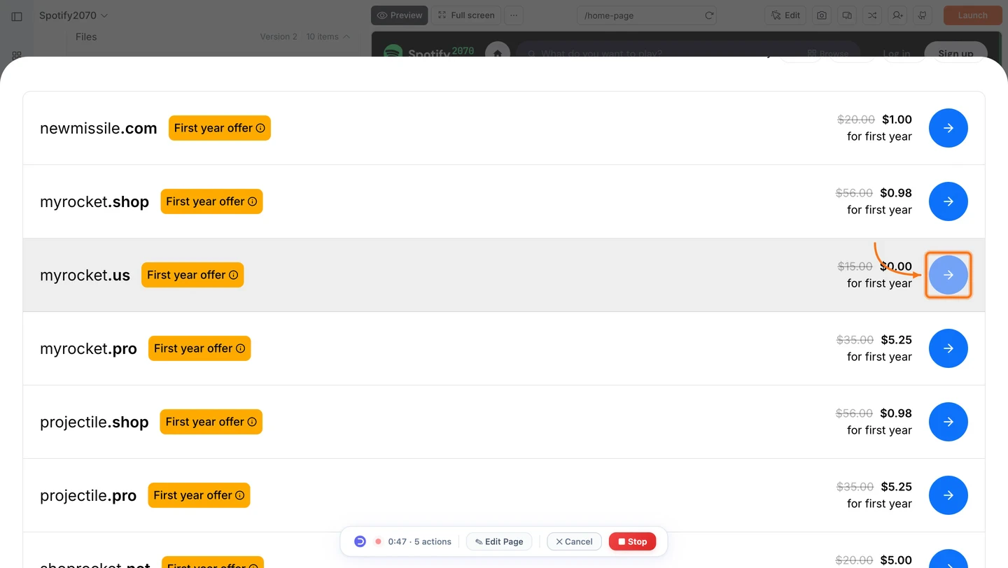 Domain search results listing available domains with first-year pricing and a select arrow button.