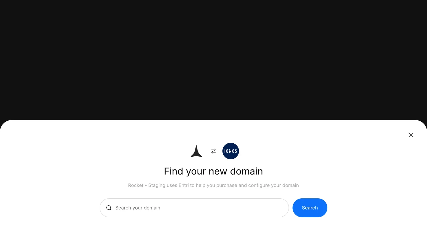 IONOS Find your new domain modal with a search input and Search button.