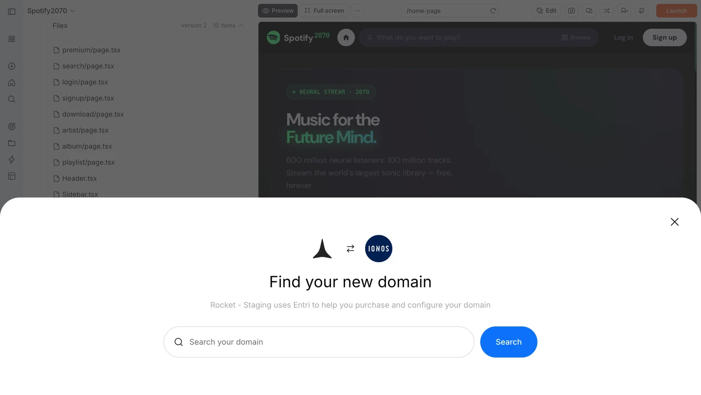 IONOS Find your new domain modal with a search input and Search button.