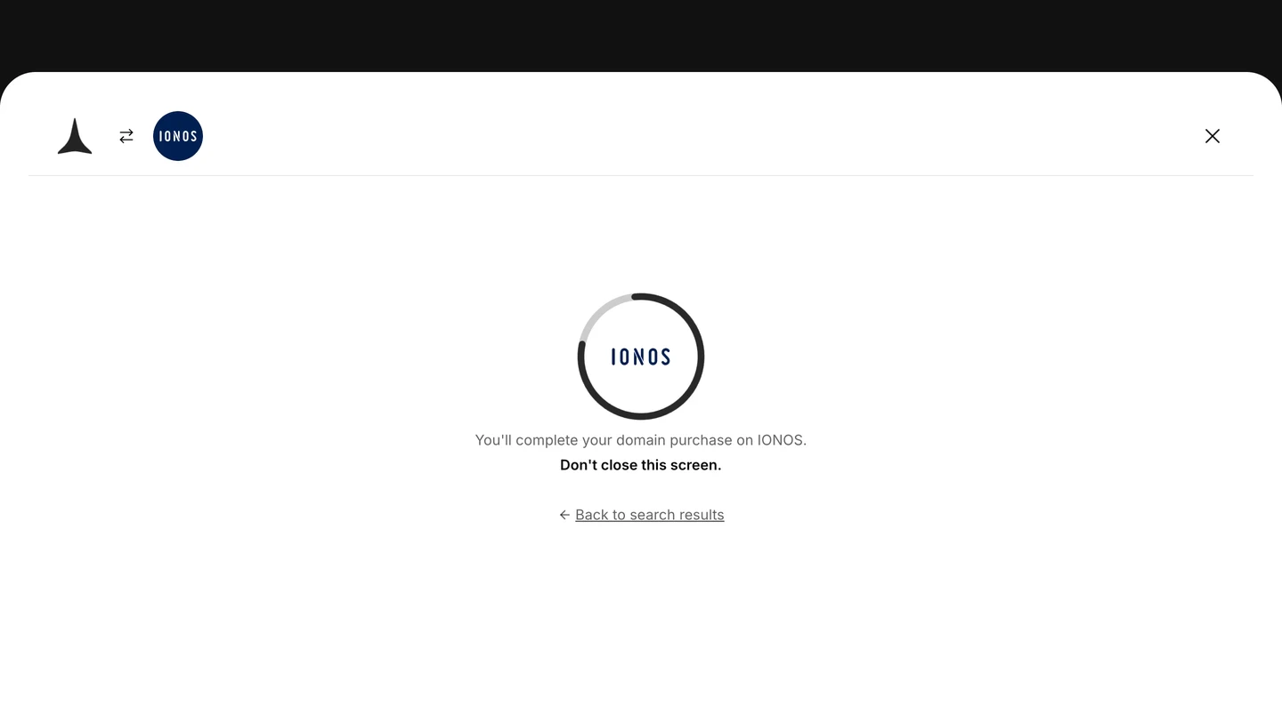 Rocket screen showing the IONOS logo and the message: You'll complete your domain purchase on IONOS. Don't close this screen.