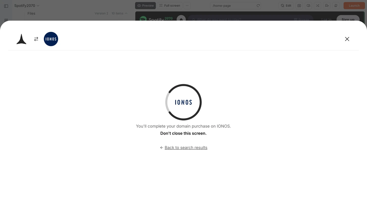 Rocket screen showing the IONOS logo and the message: You'll complete your domain purchase on IONOS. Don't close this screen.