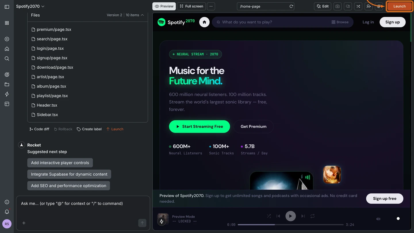 Rocket editor with the Launch button highlighted in the top-right navbar.
