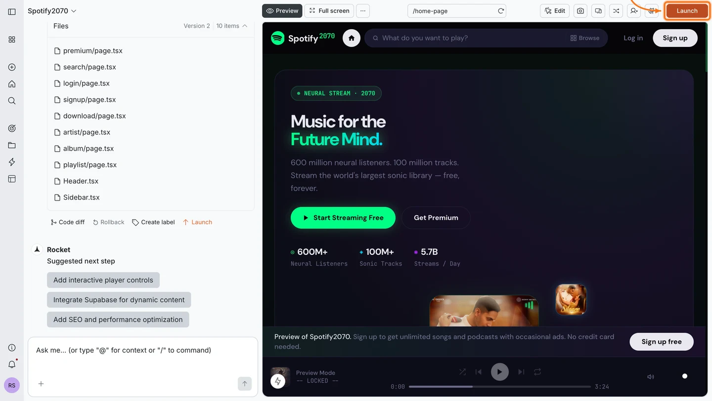 Rocket editor with the Launch button highlighted in the top-right navbar.