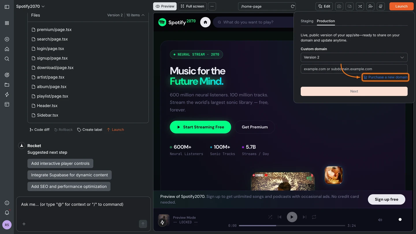 Production tab showing the Custom domain input field with the Purchase a new domain button highlighted.
