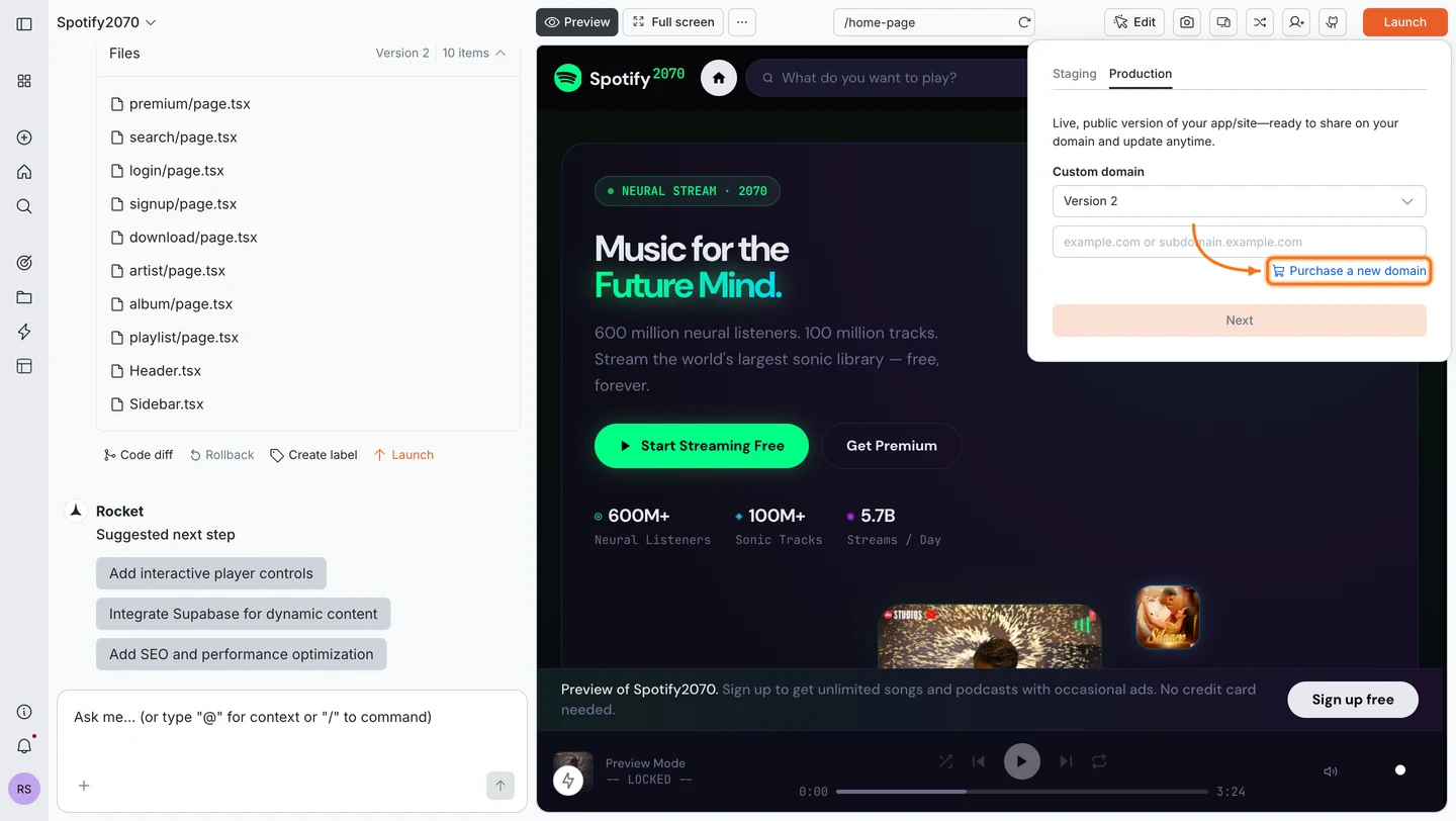 Production tab showing the Custom domain input field with the Purchase a new domain button highlighted.