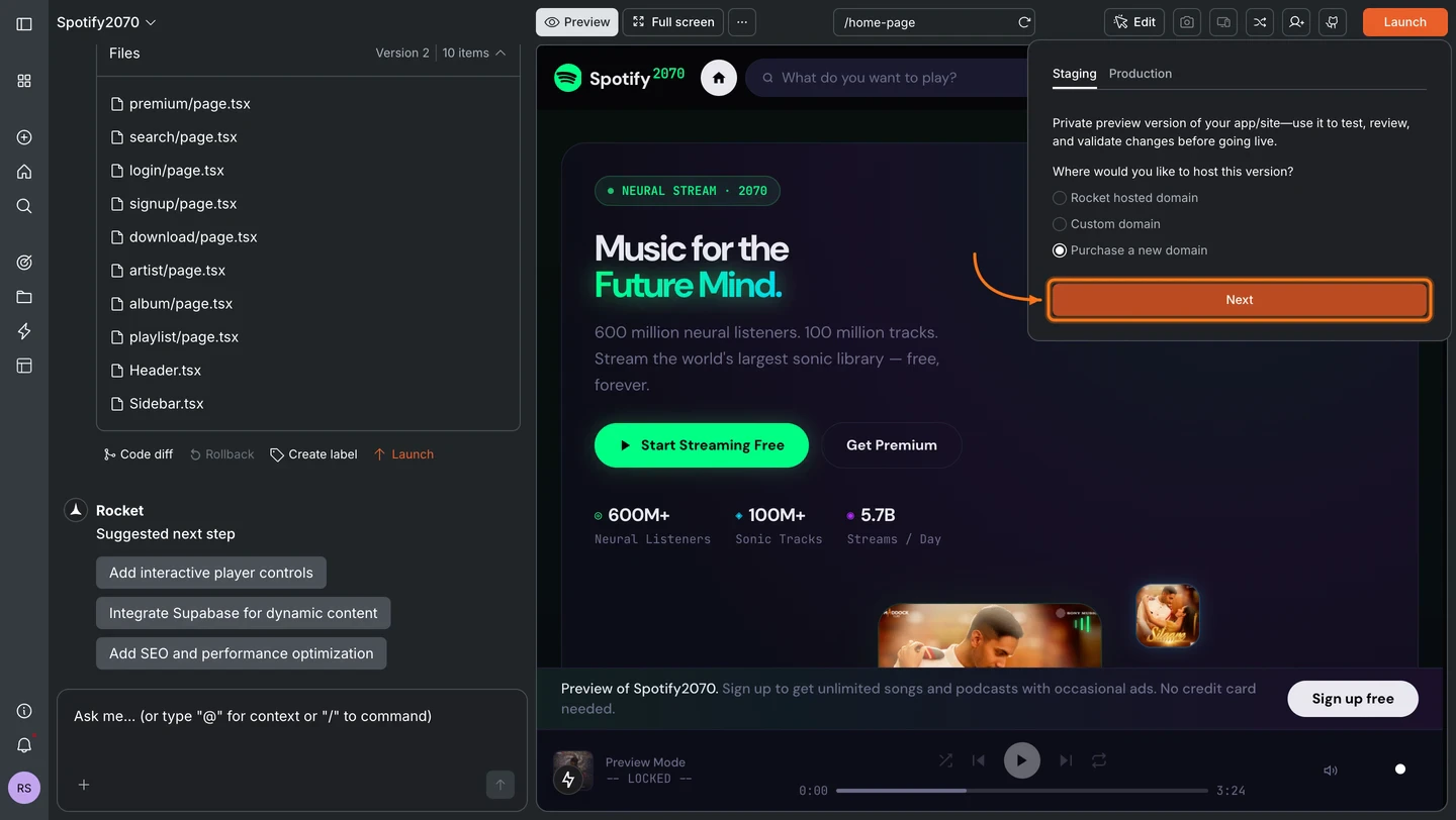 Launch dialog on the Staging tab with the Next button highlighted.