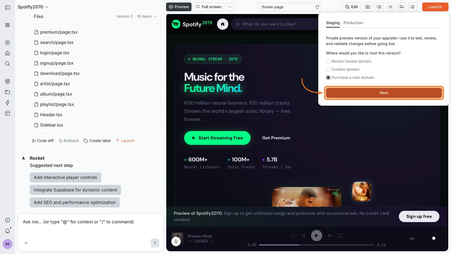 Launch dialog on the Staging tab with the Next button highlighted.