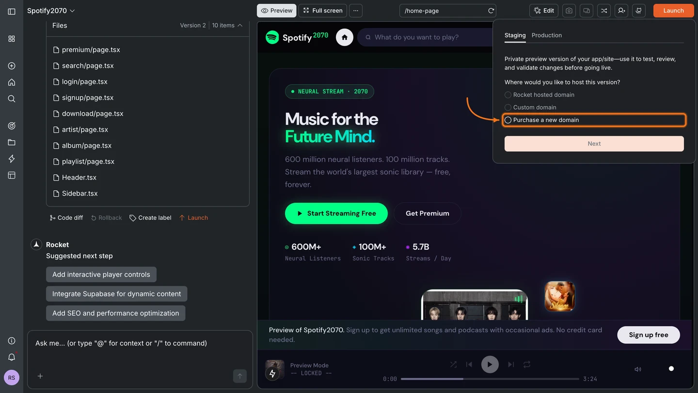 Launch dialog on the Staging tab with the Purchase a new domain radio button selected.