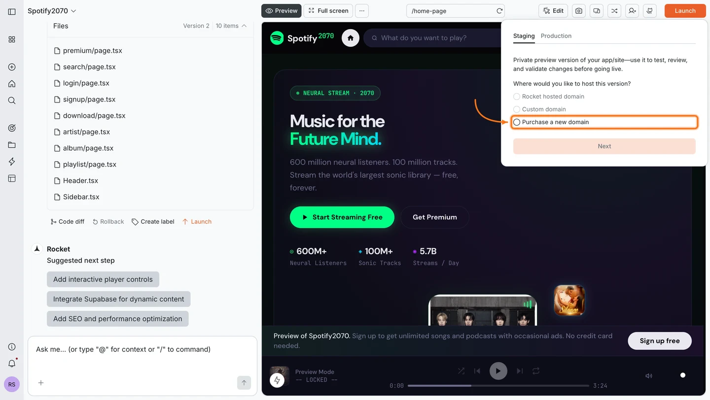 Launch dialog on the Staging tab with the Purchase a new domain radio button selected.