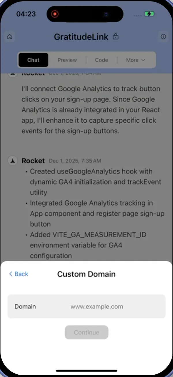 Text input for adding your domain to Rocket on mobile.