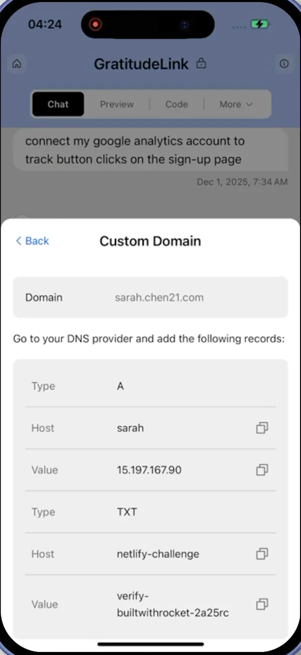 DNS records provided by Rocket for domain verification on mobile.