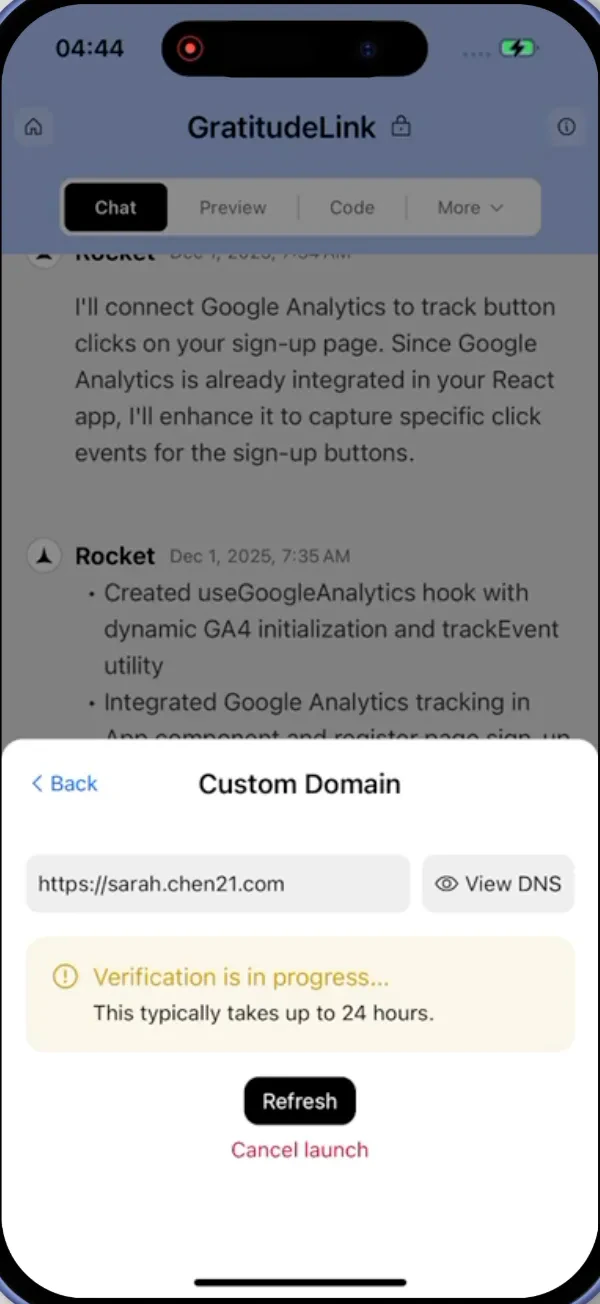 Rocket showing your domain verification status on mobile.