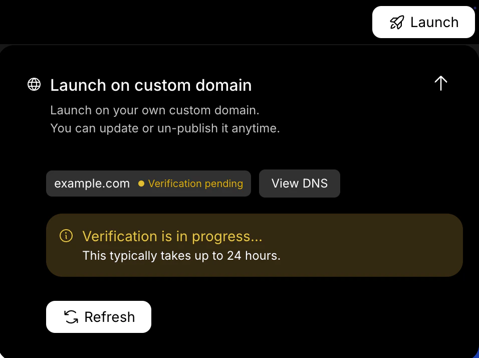 Rocket showing your domain status as Verification pending.