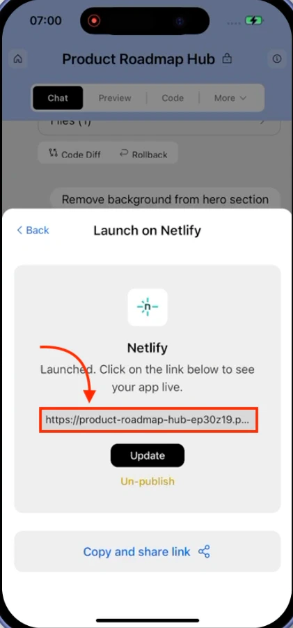 Confirmation screen showing live app link and control options.