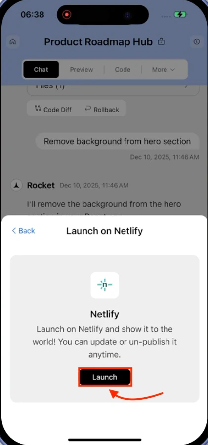 Launch on Netlify modal showing Netlify logo and Launch button.
