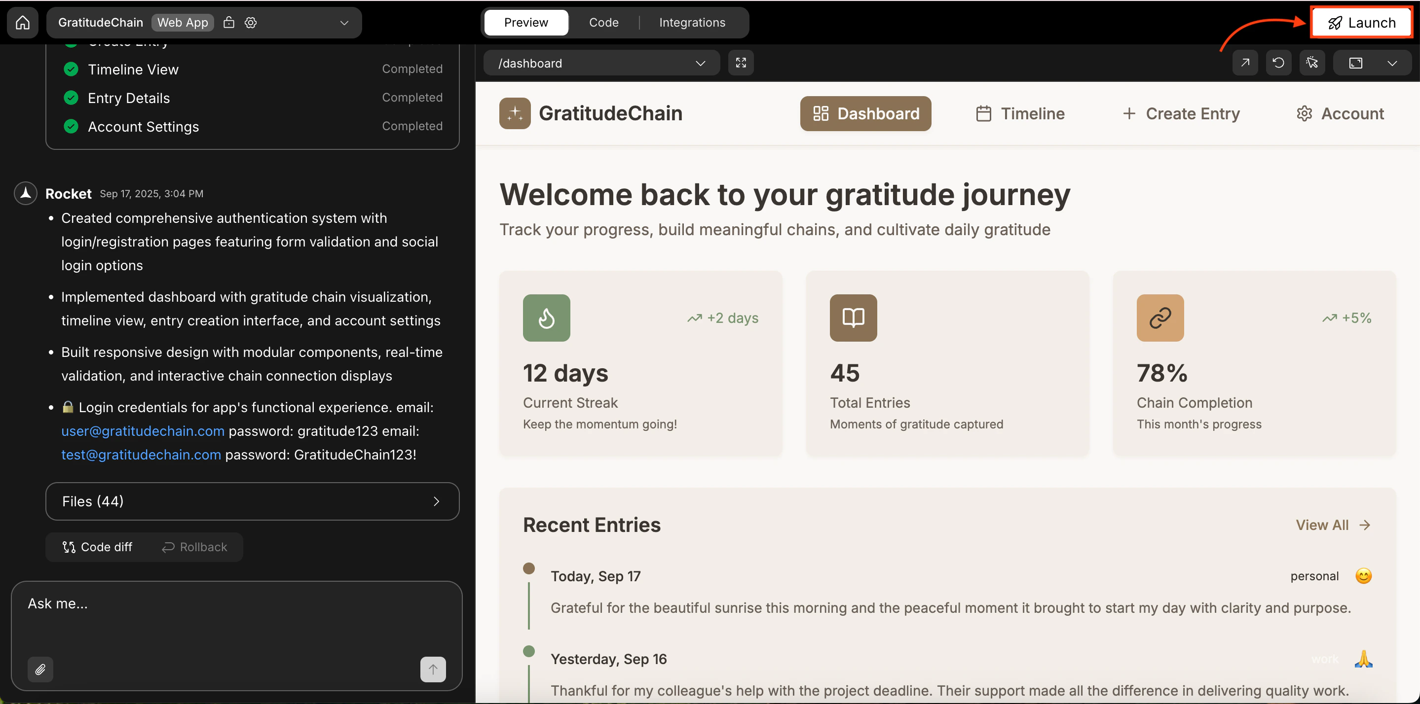 Rocket Launch button in the top-right of the project editor.