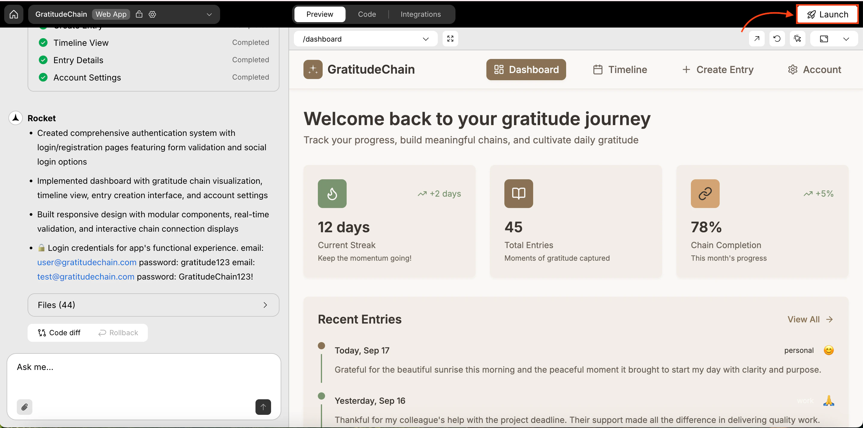 Rocket Launch button in the top-right of the project editor.