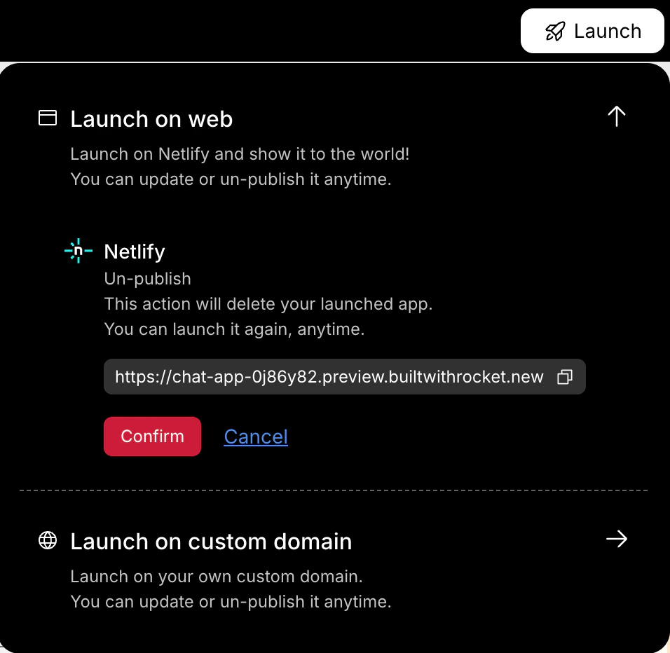 Unpublish confirmation popup with Cancel and Confirm buttons.