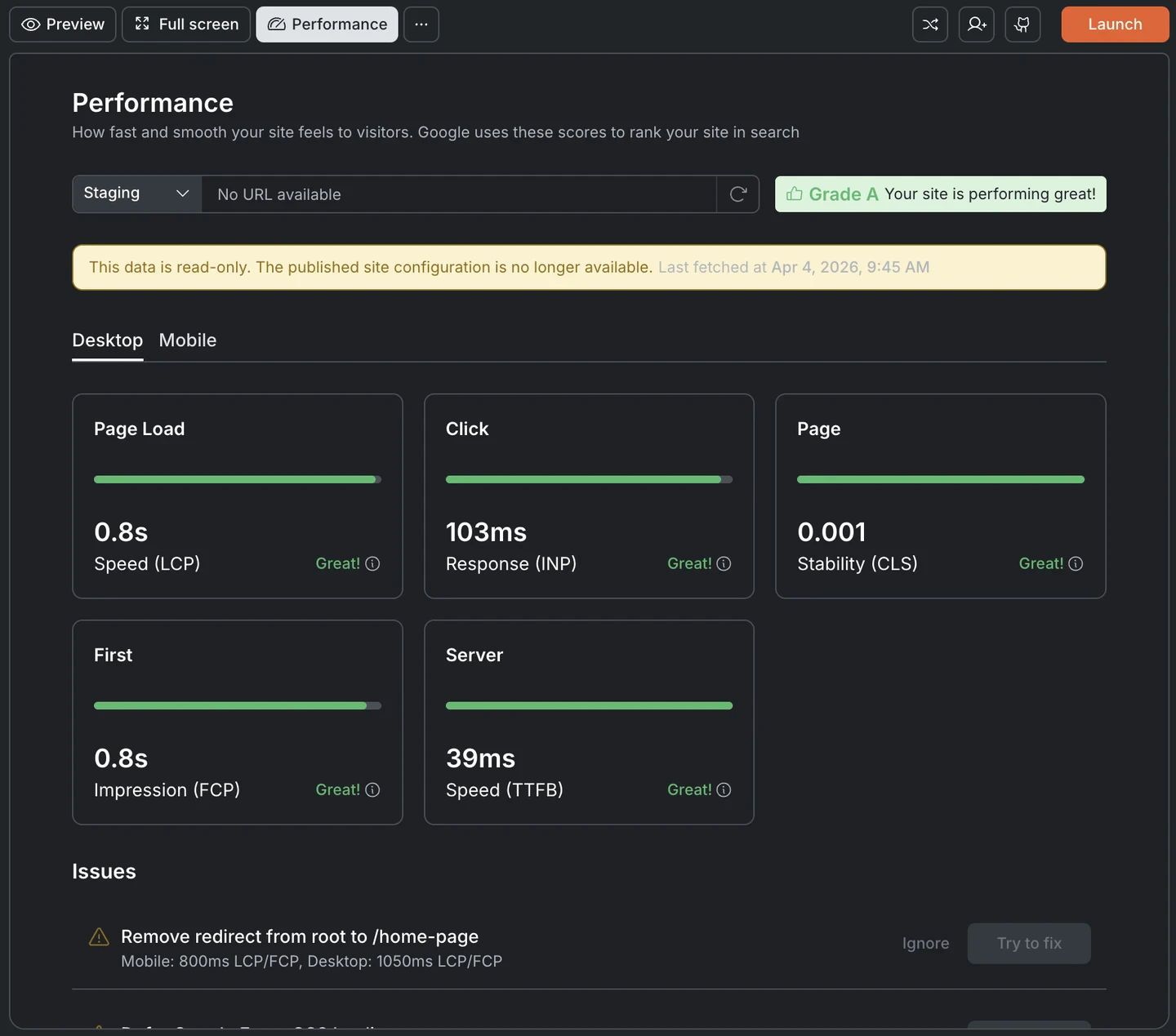 Performance dashboard showing five metric cards (LCP, INP, CLS, FCP, TTFB) all rated Great, followed by the Identified issues list with Try to fix and Ignore buttons.