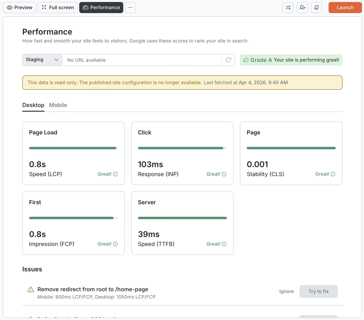 Performance dashboard showing five metric cards (LCP, INP, CLS, FCP, TTFB) all rated Great, followed by the Identified issues list with Try to fix and Ignore buttons.