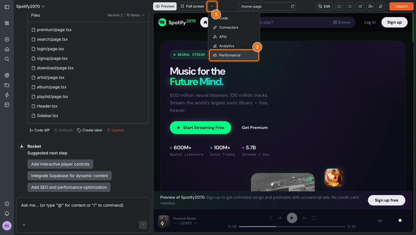 Performance tab showing Grade A, five metric cards (LCP, INP, CLS, FCP, TTFB) all rated Great, with Desktop and Mobile tabs and Staging/Production toggle.