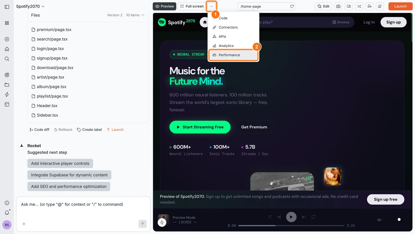 Performance tab showing Grade A, five metric cards (LCP, INP, CLS, FCP, TTFB) all rated Great, with Desktop and Mobile tabs and Staging/Production toggle.