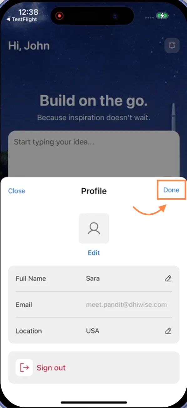 Profile modal with Done button highlighted in top right corner.