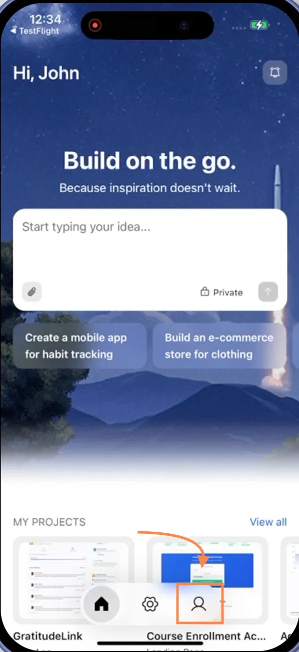 Rocket home screen showing profile icon in bottom navigation bar.
