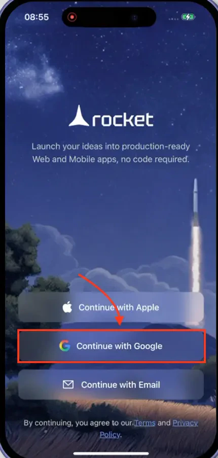 Google option selection for mobile sign-up.