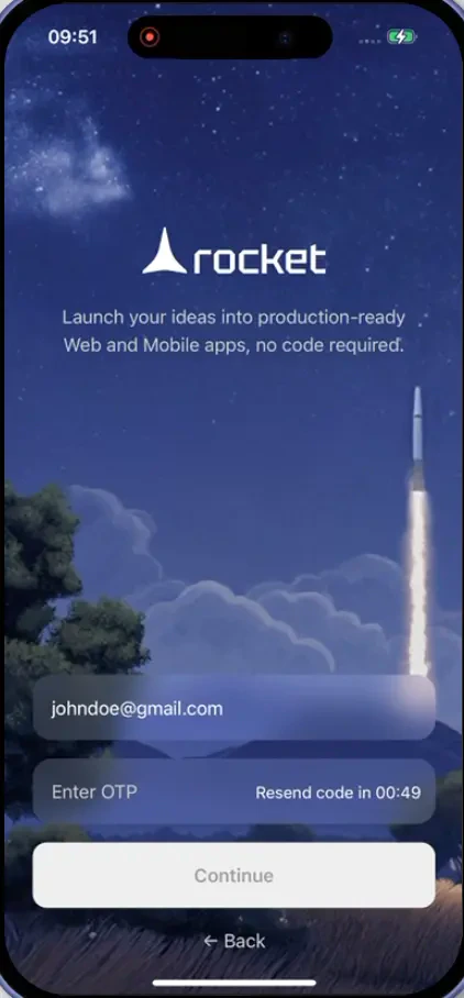 Mobile OTP verification screen with input field and Continue button.
