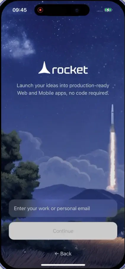 Mobile email sign-up screen with input field and Continue button.