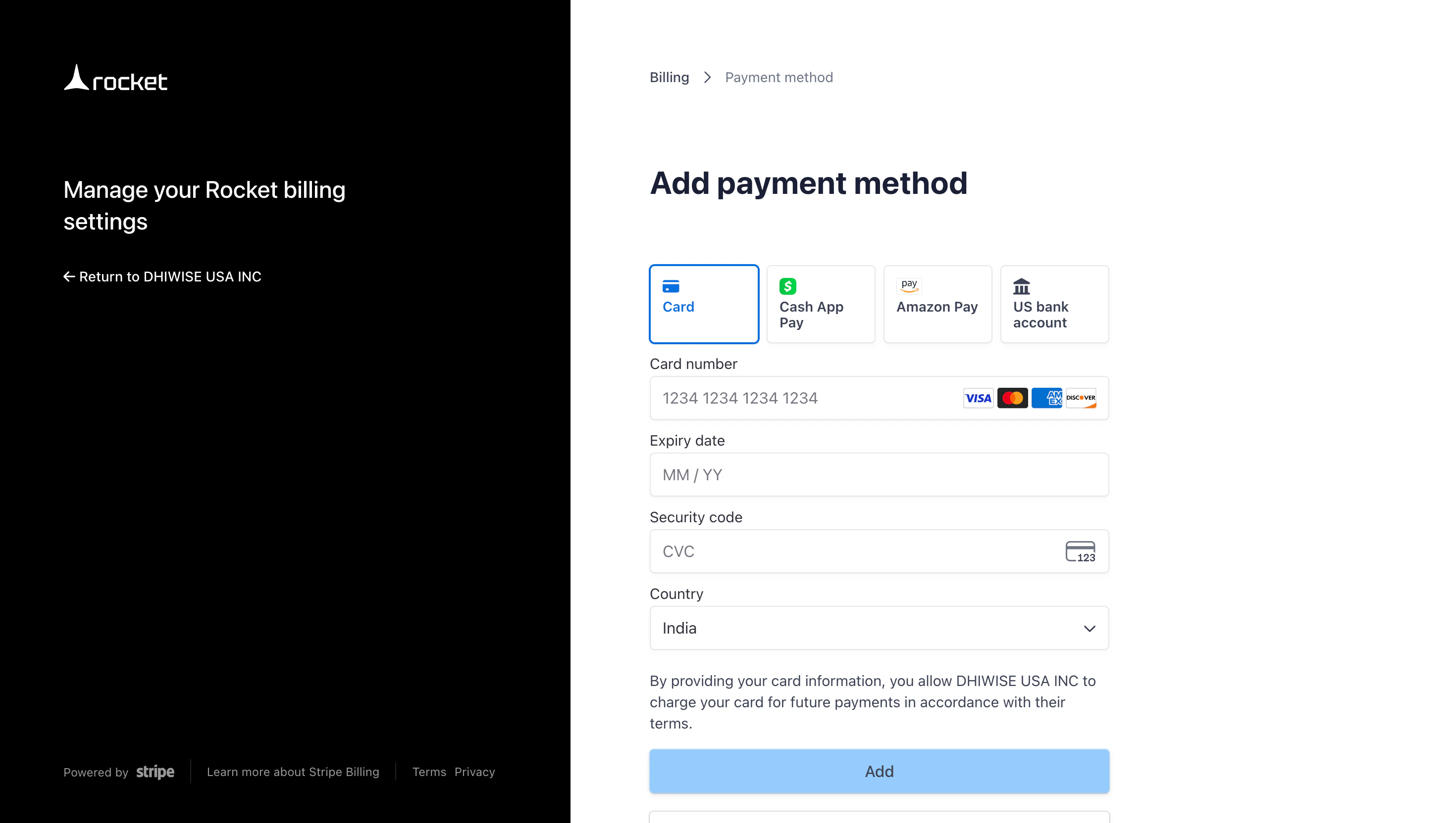Payment method form with options for card, Cash App, Amazon Pay, and bank.