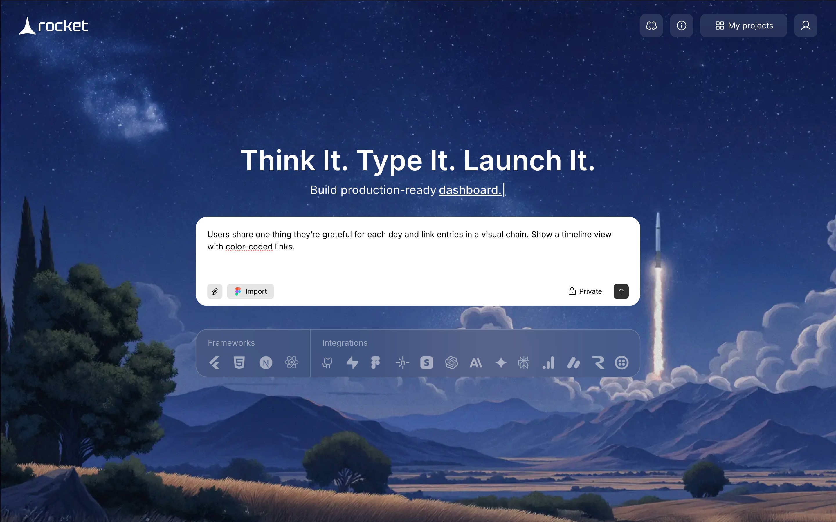 Chat prompt where you enter your app idea for Rocket to build from.