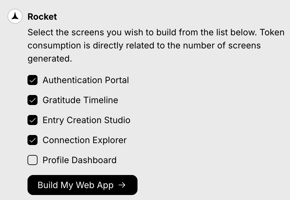 Checklist of suggested screens with checkboxes to include or exclude each one.