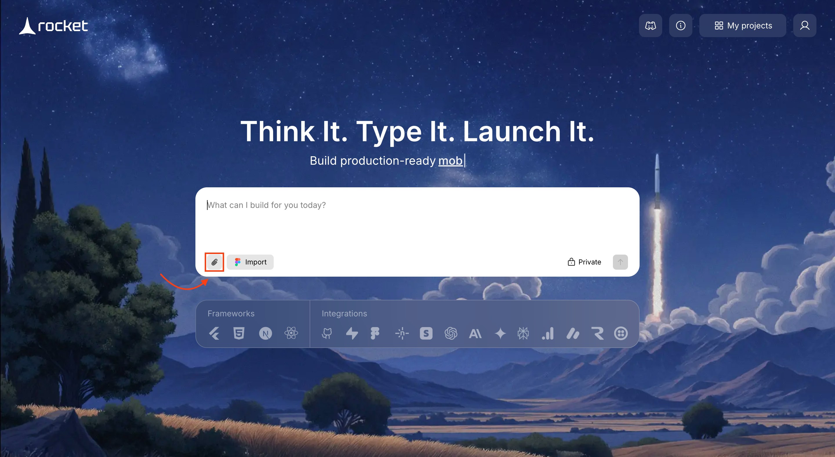Attach button near the input box for uploading an image to guide app generation.