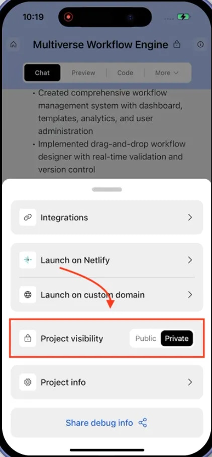 Mobile More menu showing Public and Private visibility options.