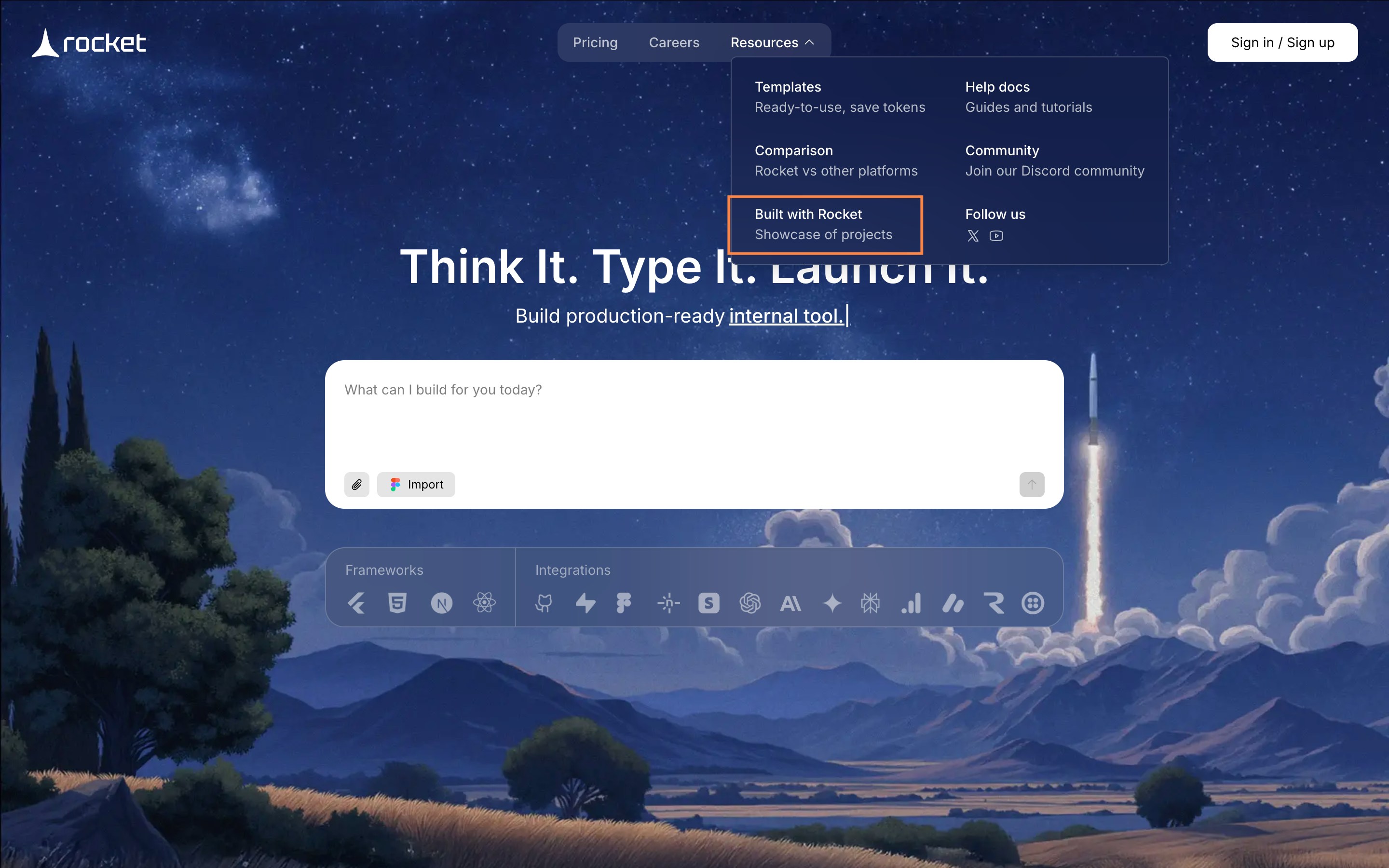 Landing page Resources section showing Built with Rocket where visitors can browse public projects.